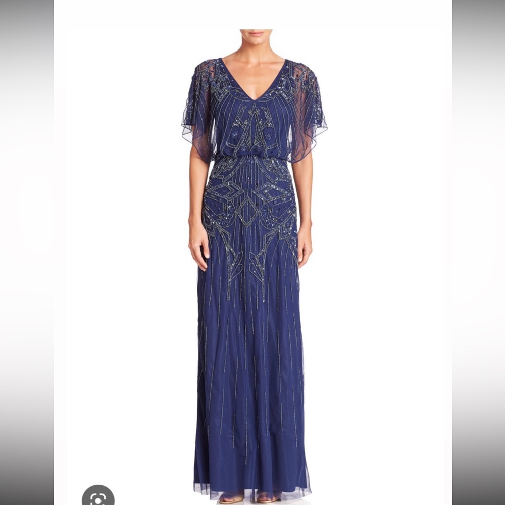 Aidan Mattox beaded blouson column gown dark blue, size 2